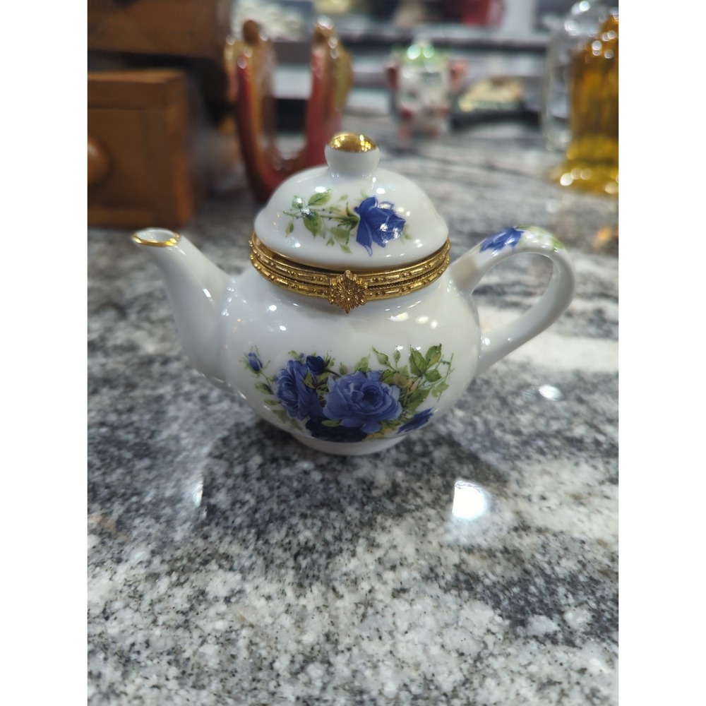 Vintage Teapot Trinket Box Blue Roses Gold Trim Formalities by Baum Bros